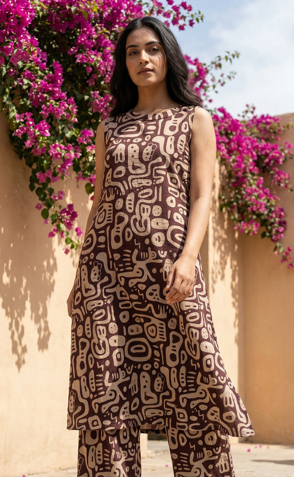 Chocolate Brown cotton half white printed high neck Cord set