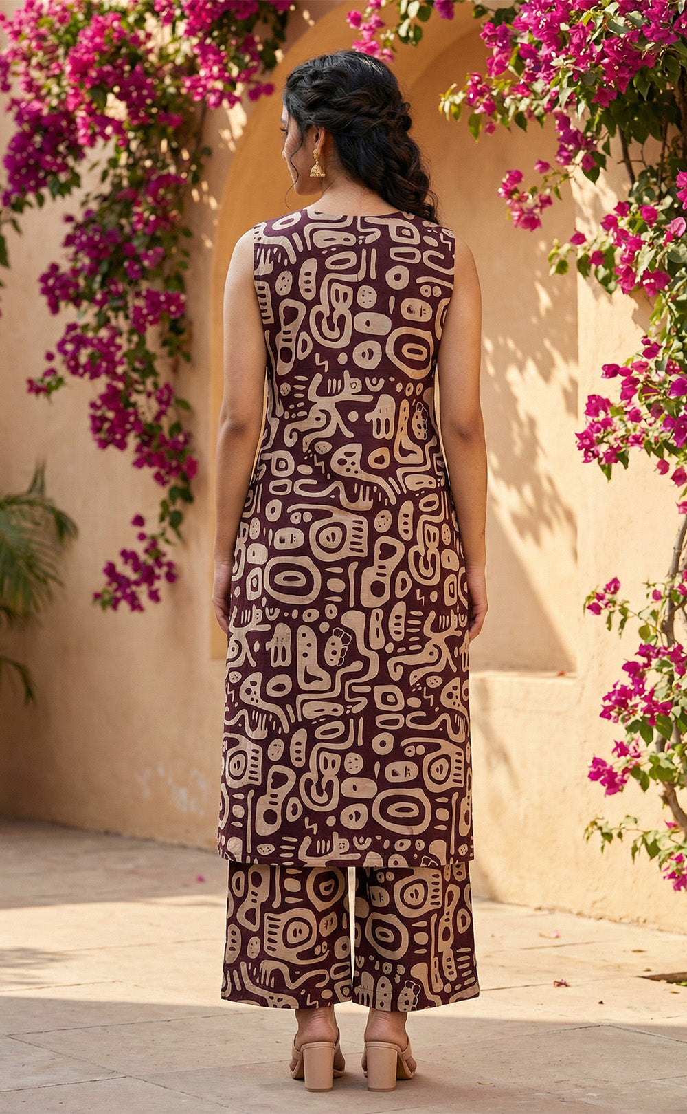 Chocolate Brown cotton half white printed high neck Cord set