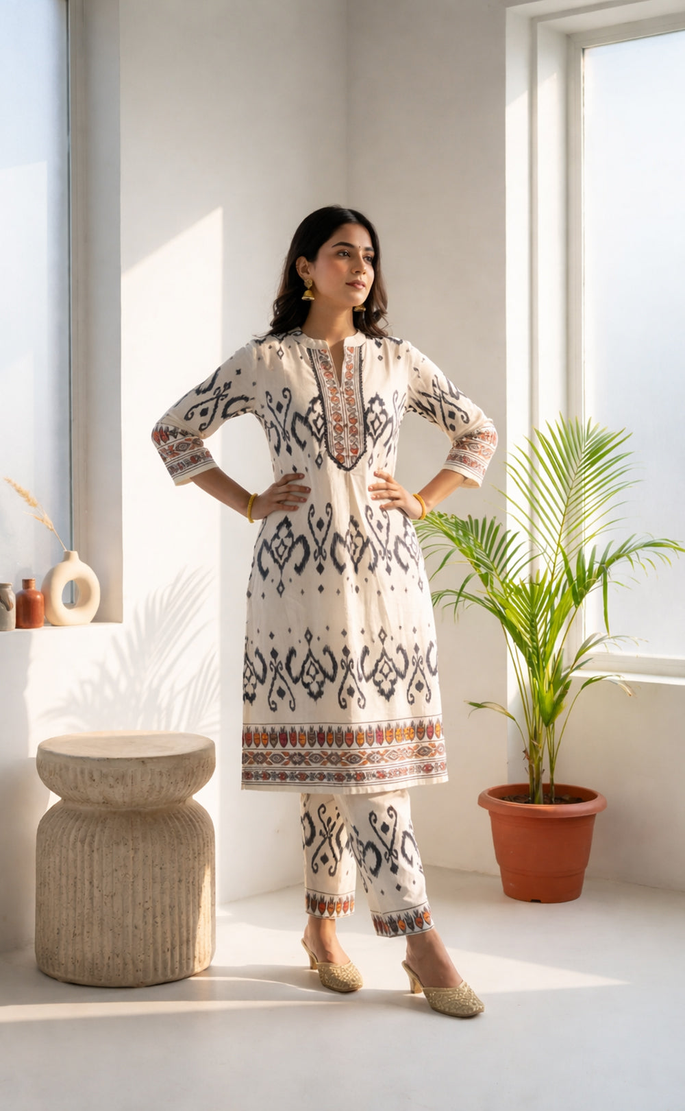 White Rayon Black printed Cord set