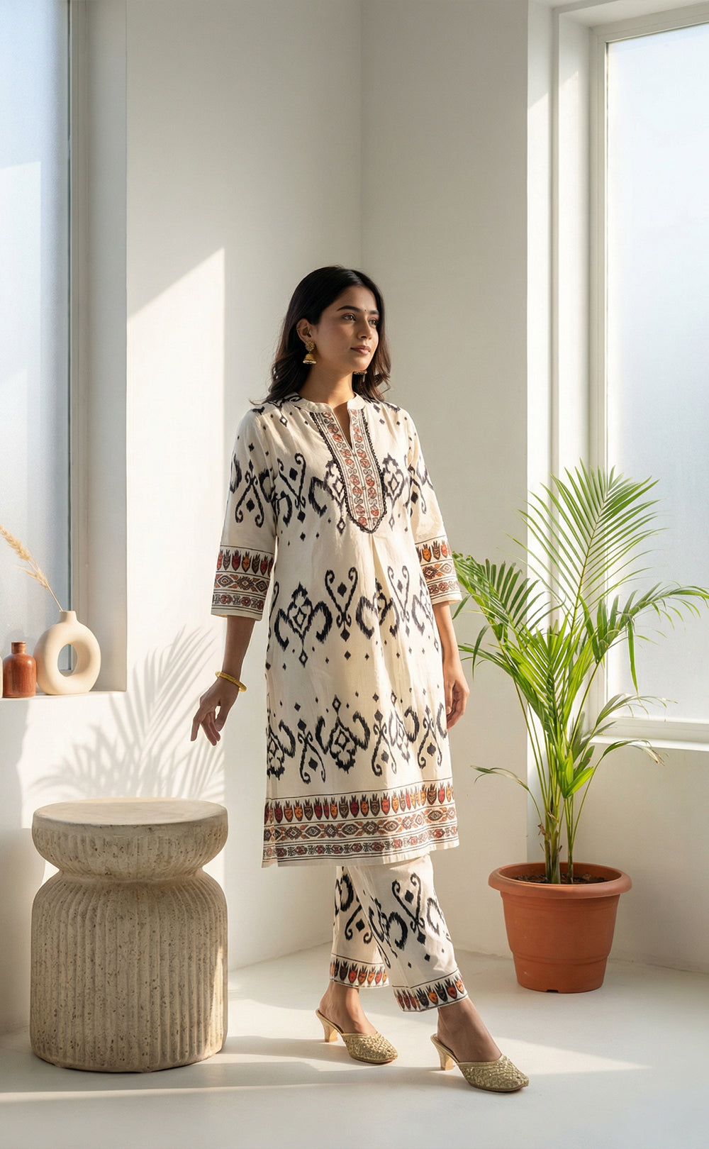 White Rayon Black printed Cord set