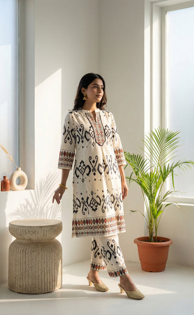 White Rayon Black printed Cord set