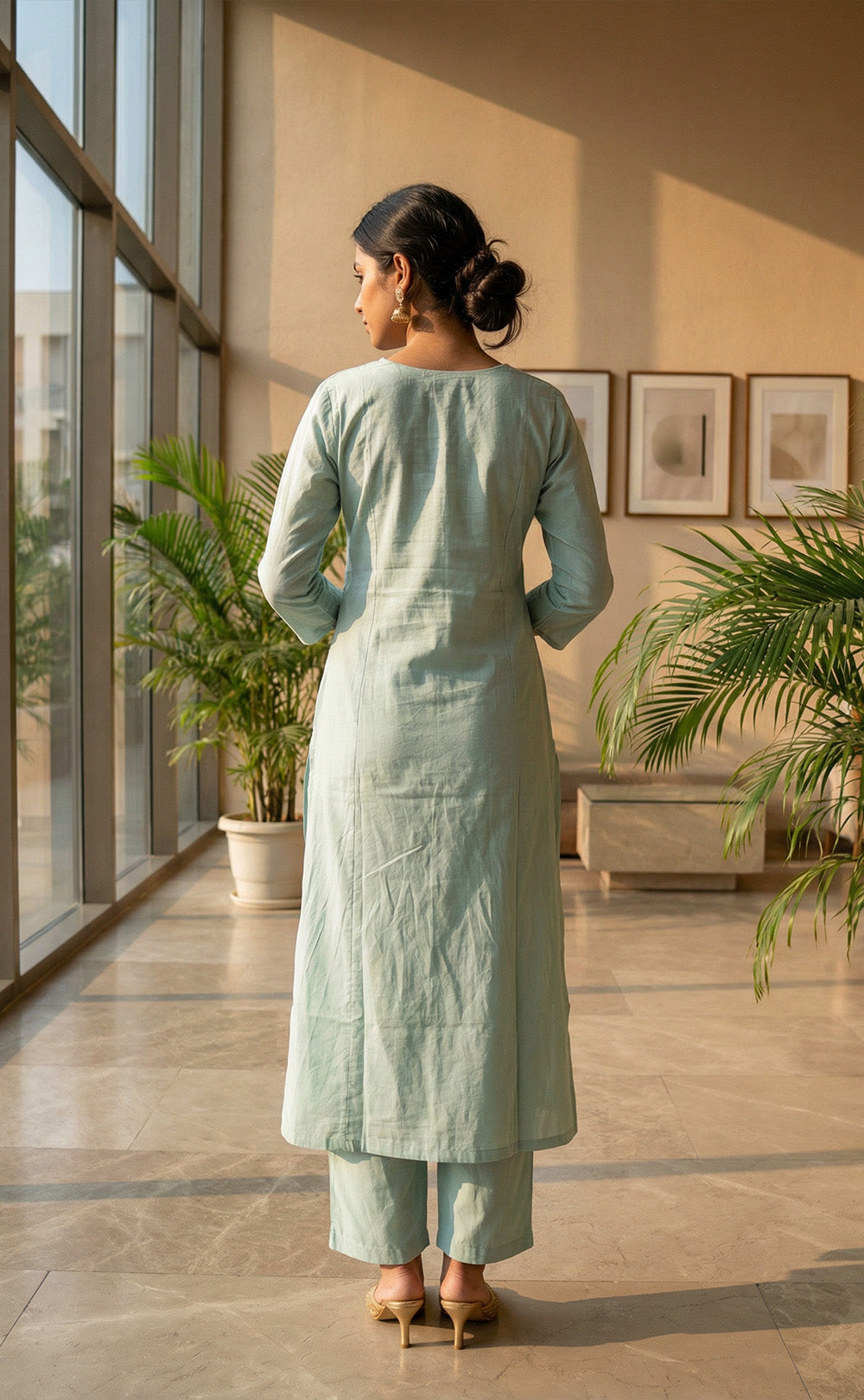 Pastel Green Roman Silk Brush Paint A-line Kurti Set