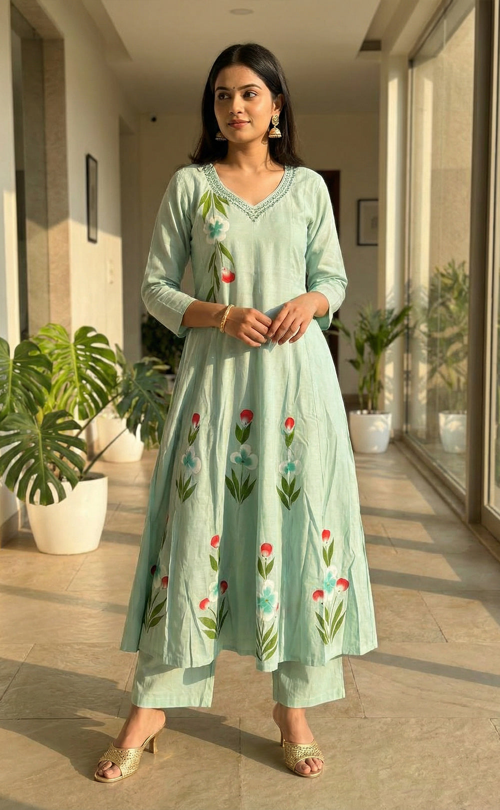 Pastel Green Roman Silk Brush Paint A-line Kurti Set