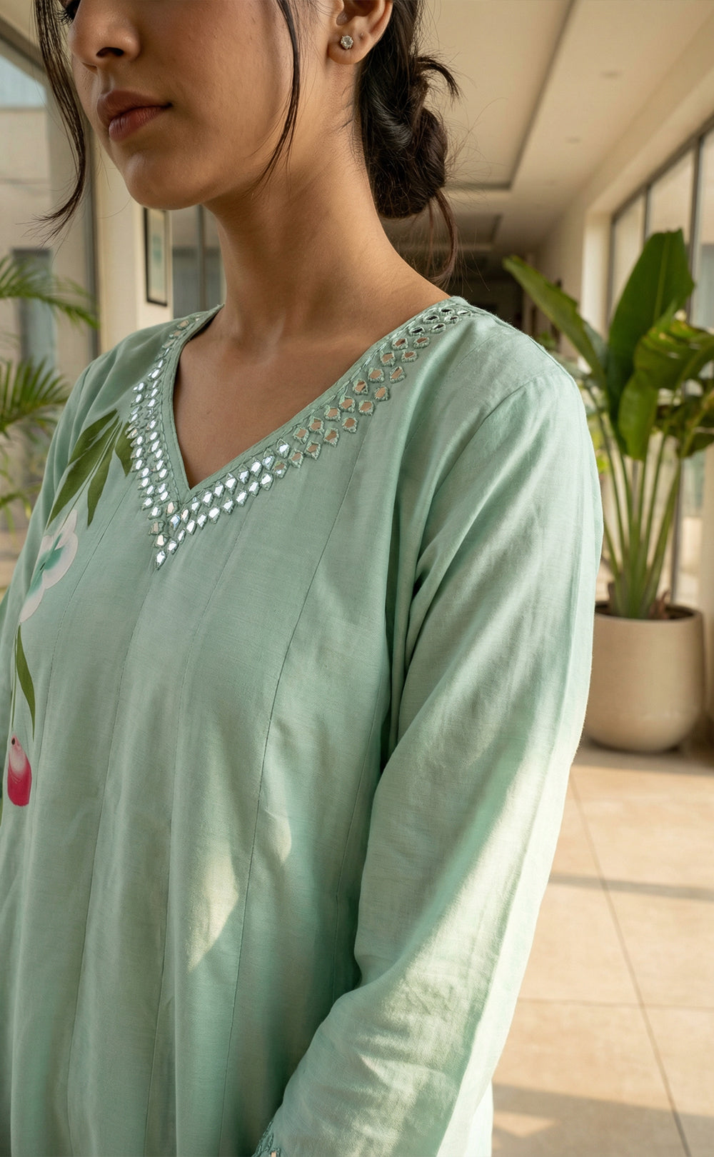 Pastel Green Roman Silk Brush Paint A-line Kurti Set