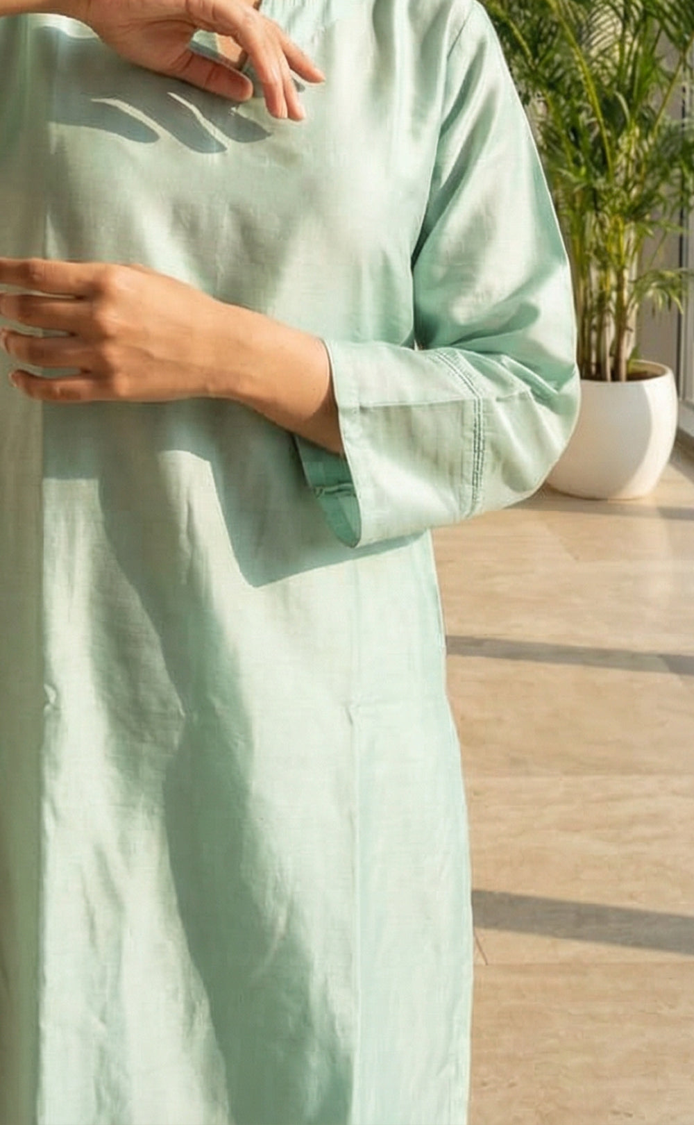 Pastel Green Roman Silk Brush Paint A-line Kurti Set