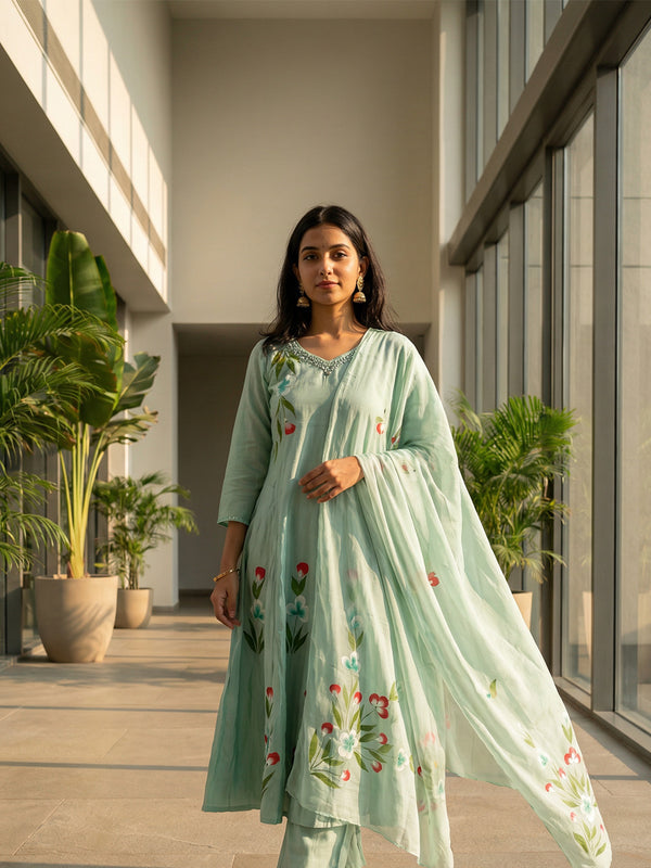 Pastel Green Roman Silk Brush Paint A-line Kurti Set