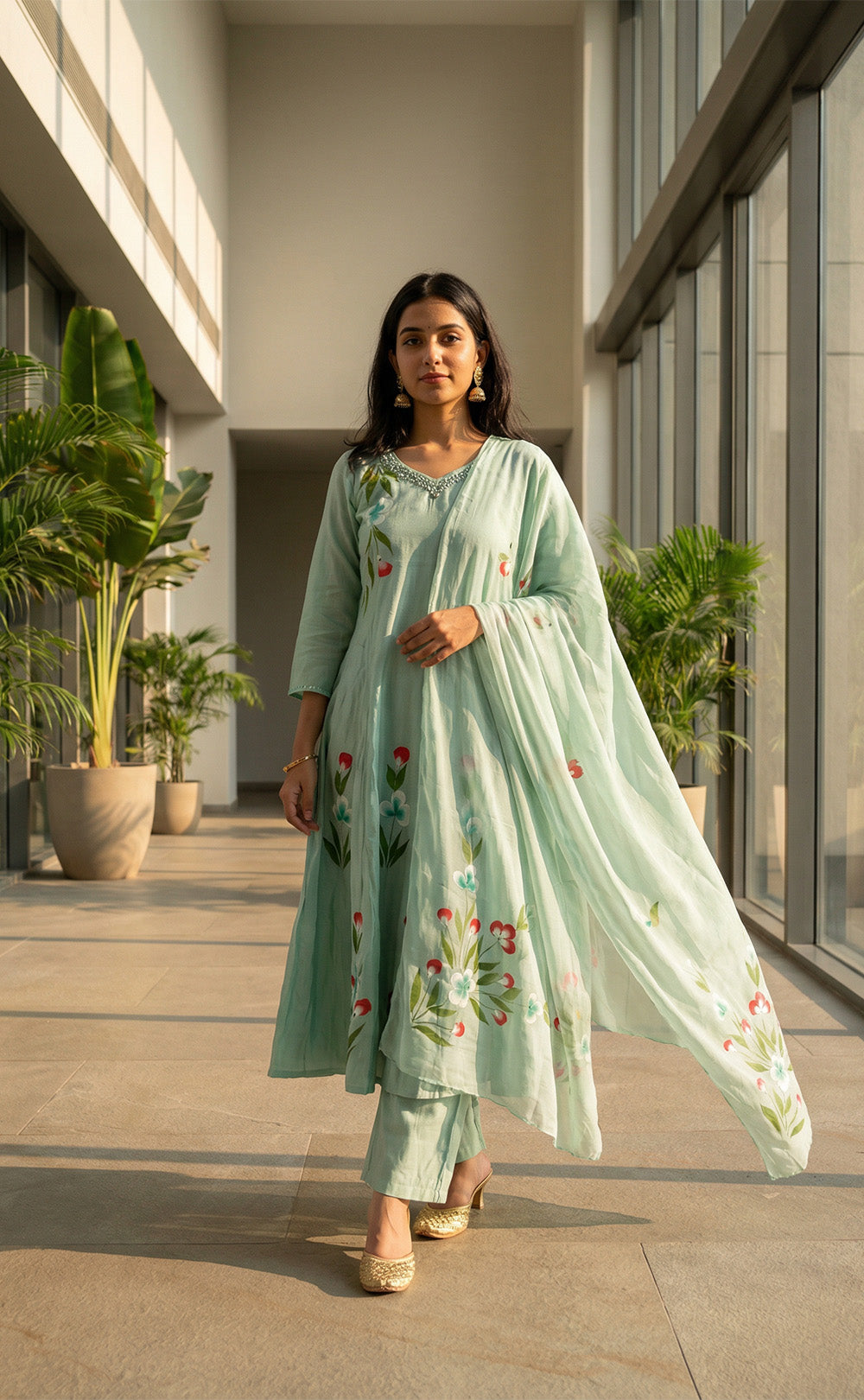 Pastel Green Roman Silk Brush Paint A-line Kurti Set