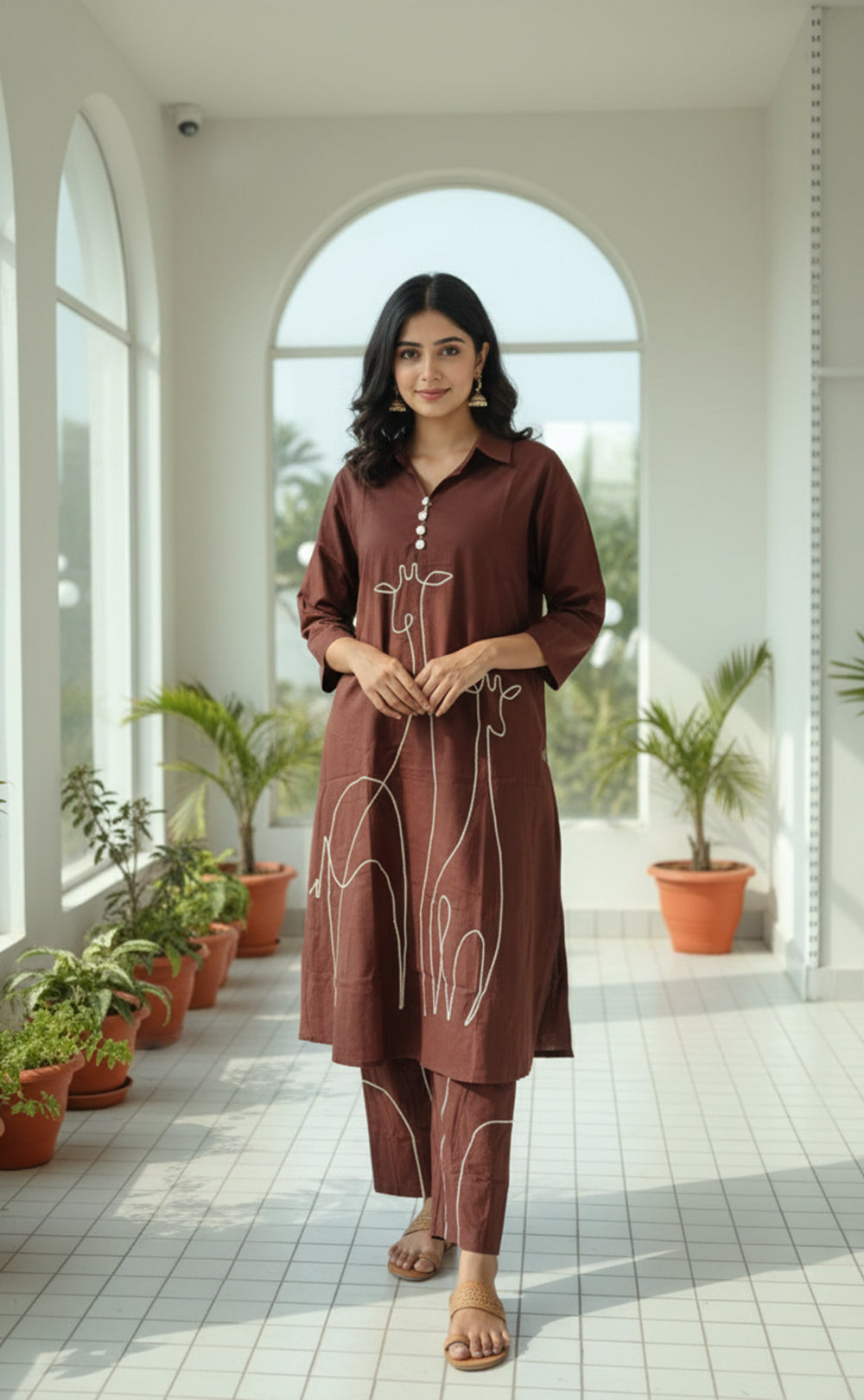 Maroon animal thread work cotton Cord -set with matching bottom