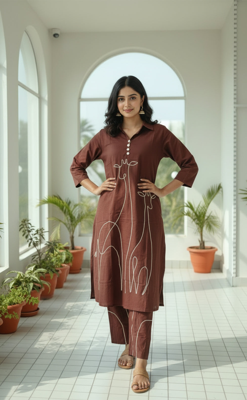 Maroon animal thread work cotton Cord -set with matching bottom