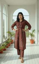 Brown Animal Thread Work Cotton Co-ord Set With Matching Bottom