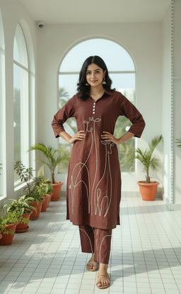 Maroon animal thread work cotton Cord -set with matching bottom