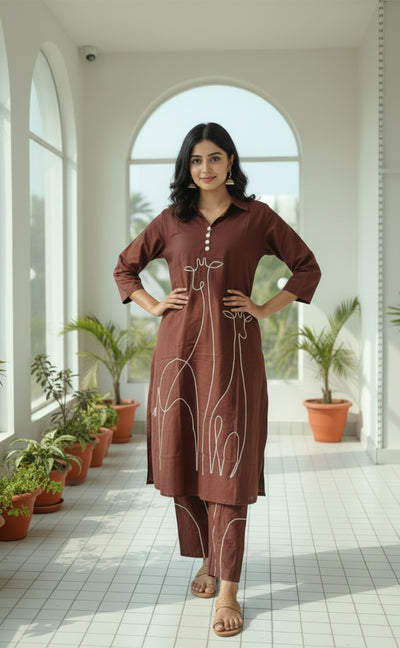 Maroon animal thread work cotton Cord -set with matching bottom