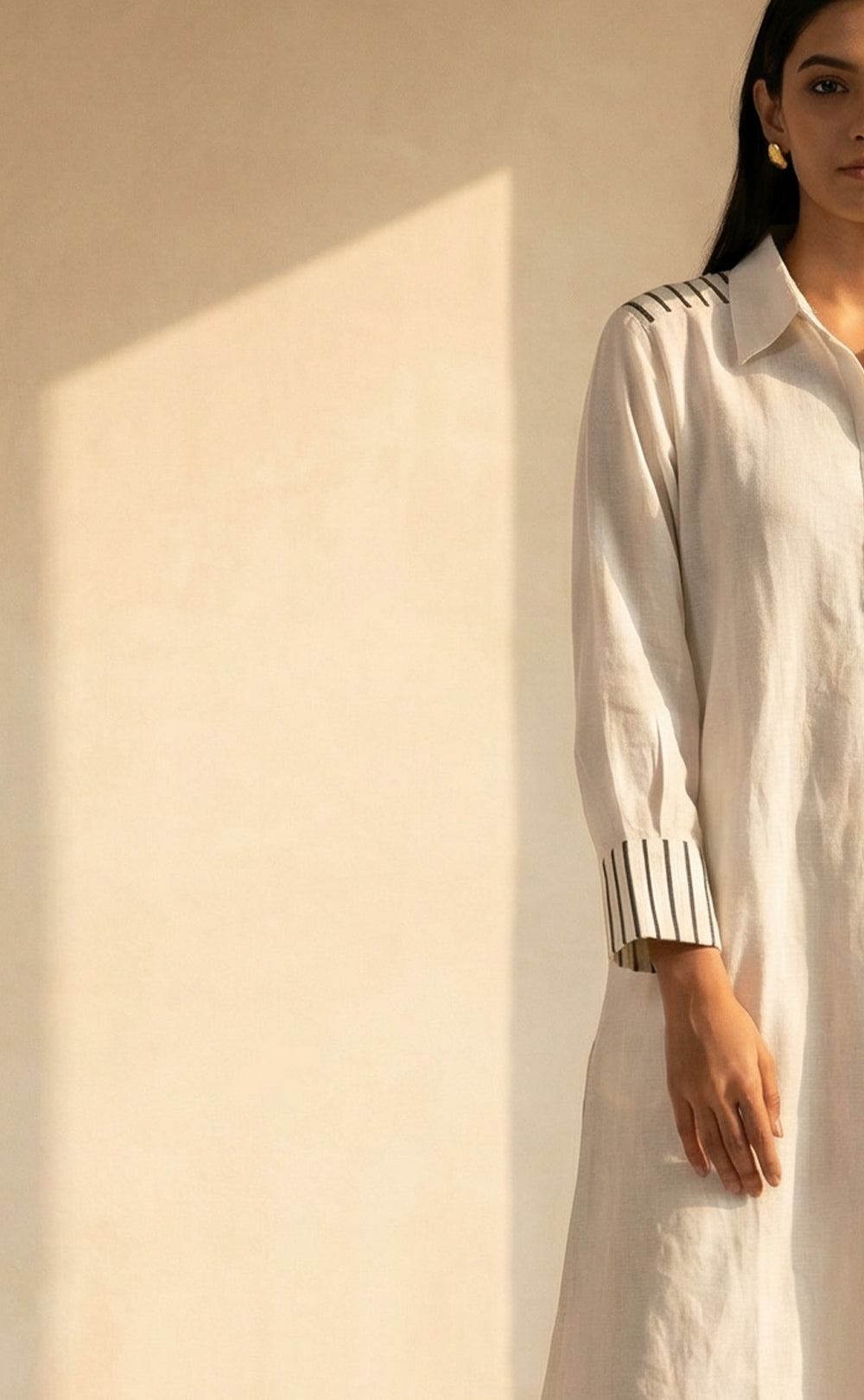 Half-White Cotton Face line work Co-ord Set