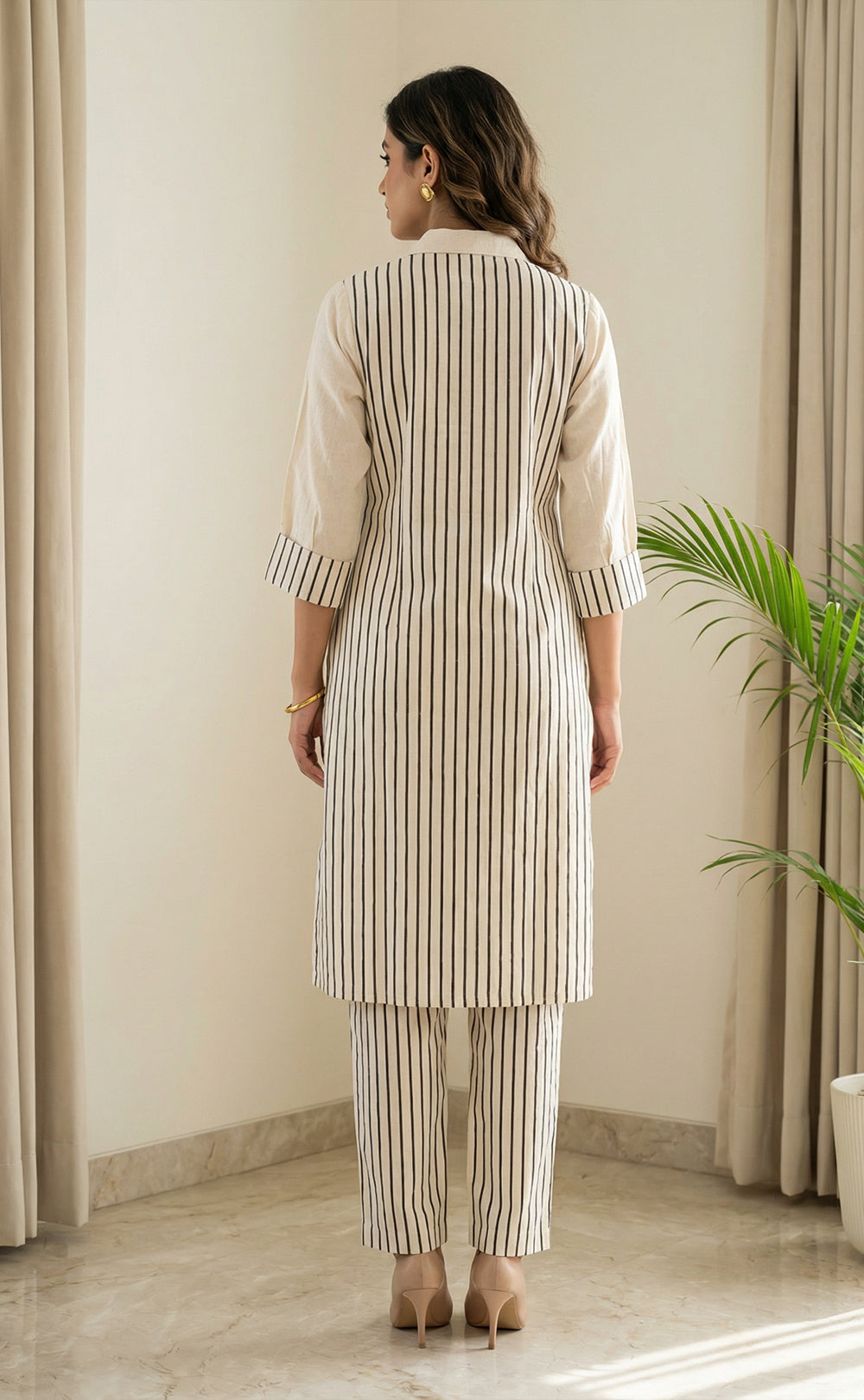 Half-White Cotton Face line work Co-ord Set