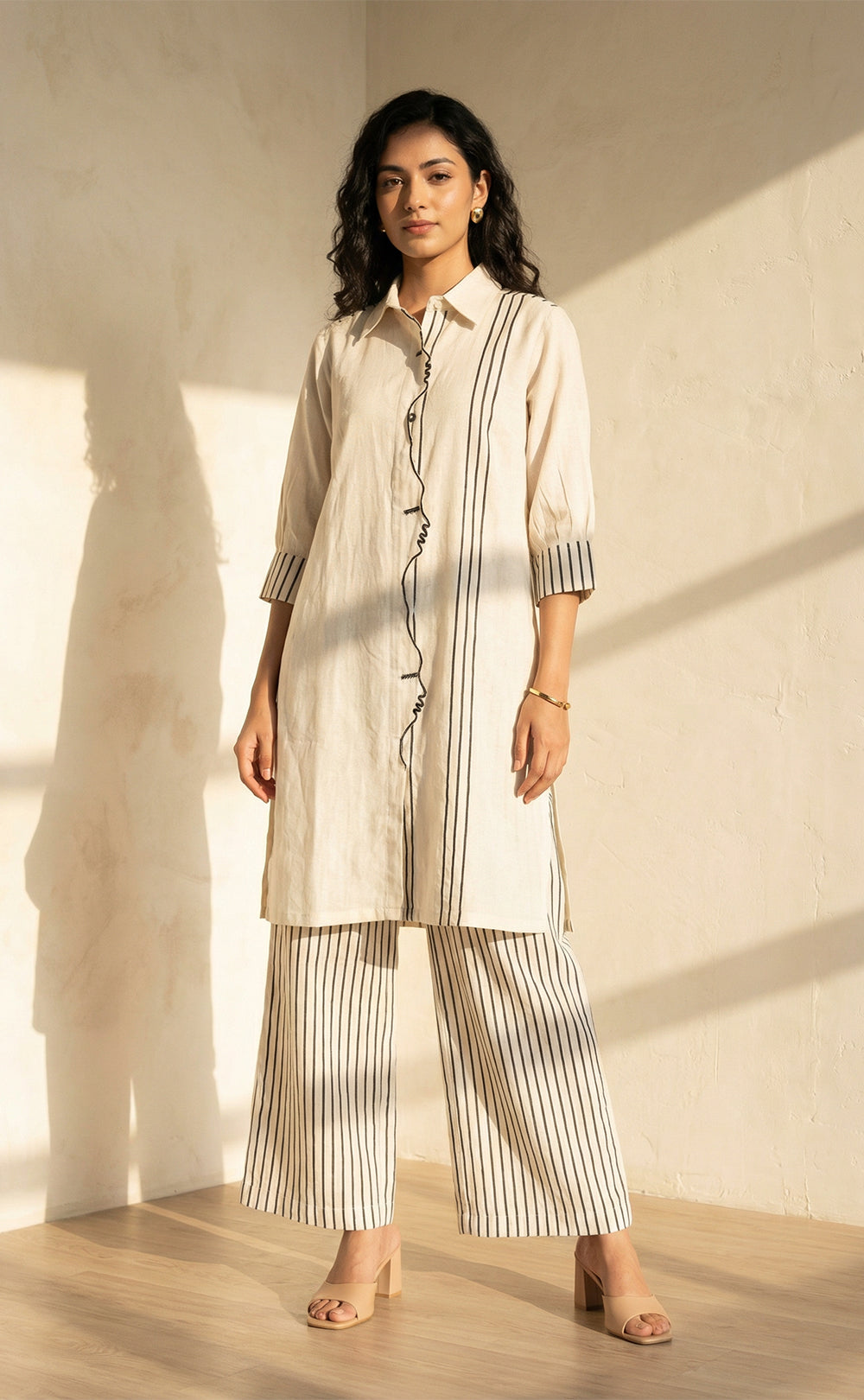 Half-White Cotton Face line work Co-ord Set