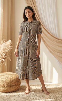 Base Cream Modal Zebra printed button work Flair kurti