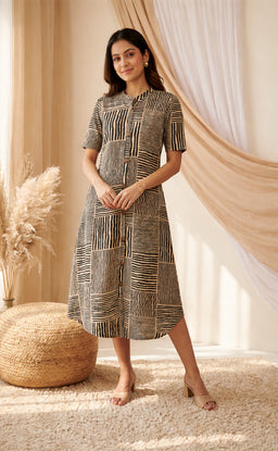 Base Cream Modal Zebra printed button work Flair kurti