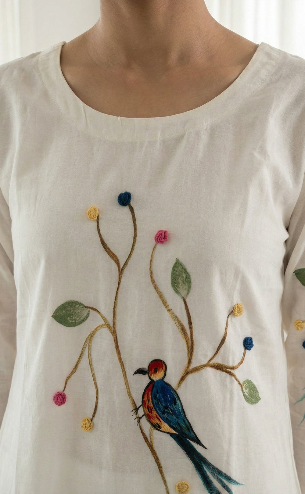 White roman silk kurti set with Brush paint digital printed pom-pom dupatta