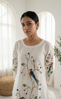 White roman silk kurti set with Brush paint digital printed pom-pom dupatta