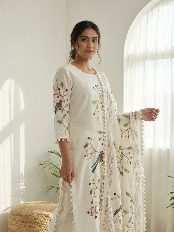 White Roman Silk Kurti Set With Brush Paint Digital Printed Pom-Pom Dupatta