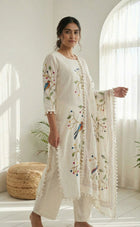 White Roman Silk Kurti Set With Brush Paint Digital Printed Pom-Pom Dupatta