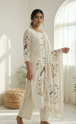 White roman silk kurti set with Brush paint digital printed pom-pom dupatta