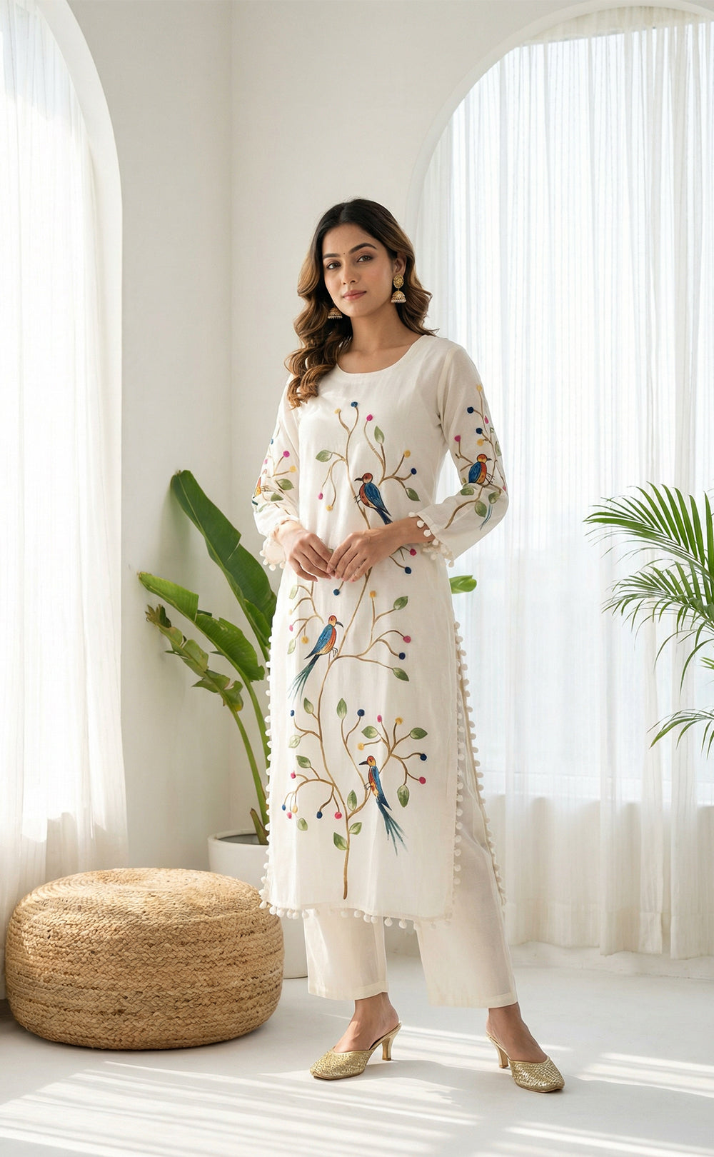 White roman silk kurti set with Brush paint digital printed pom-pom dupatta