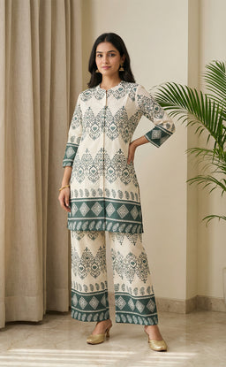 Half-White Vartican Teal Green printed Co-ord Set