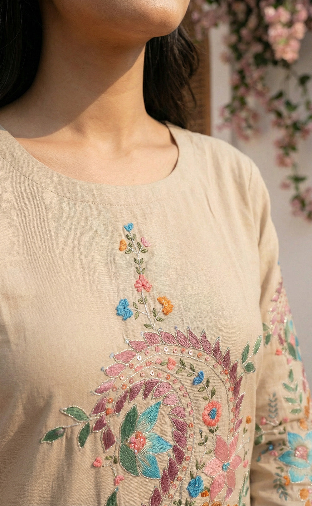 Chiku  roman silk Thread work  Brush paint   kurti set with soft dupatta