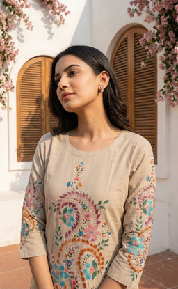 Chiku  roman silk Thread work  Brush paint   kurti set with soft dupatta