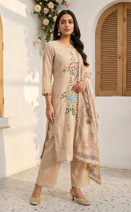 Chiku  roman silk Thread work  Brush paint   kurti set with soft dupatta