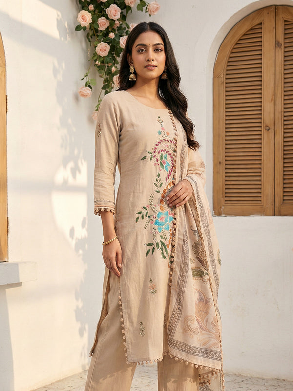 Chikoo Roman Silk Thread work Brush paint Kurti Set with soft Dupatta