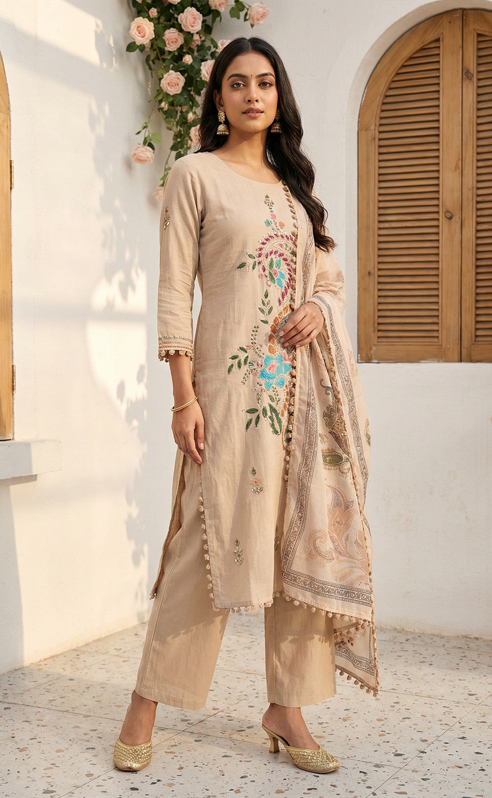 Chiku  roman silk Thread work  Brush paint   kurti set with soft dupatta