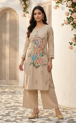 Chiku  roman silk Thread work  Brush paint   kurti set with soft dupatta