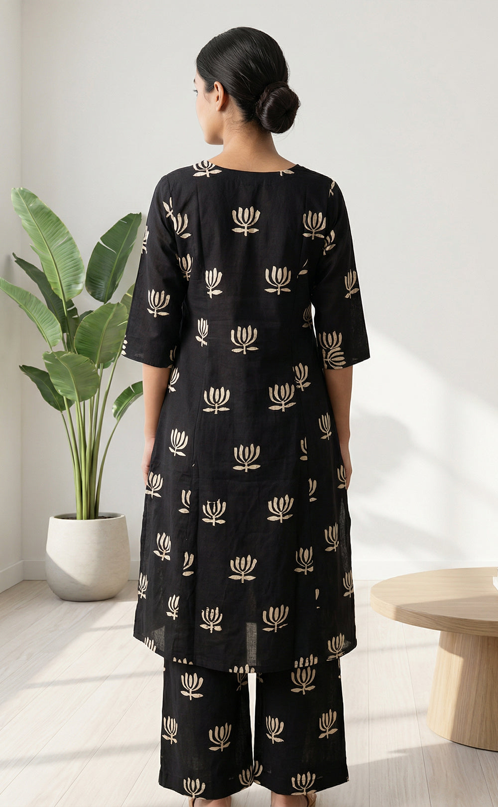Black Cotton All-Over Floral Lotus Print Co-ord Set