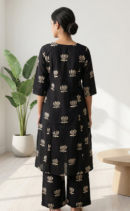 Black Cotton All-Over Floral Lotus Print Co-ord Set
