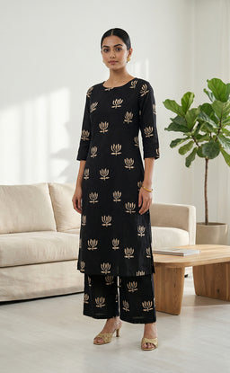 Black Cotton All-Over Floral Lotus Print Co-ord Set