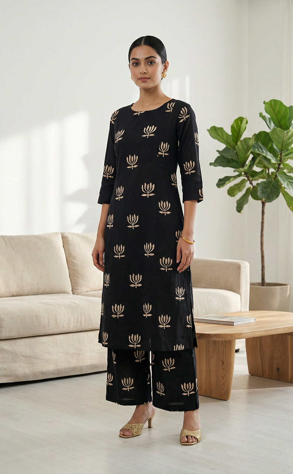 Black Cotton All-Over Floral Lotus Print Co-ord Set