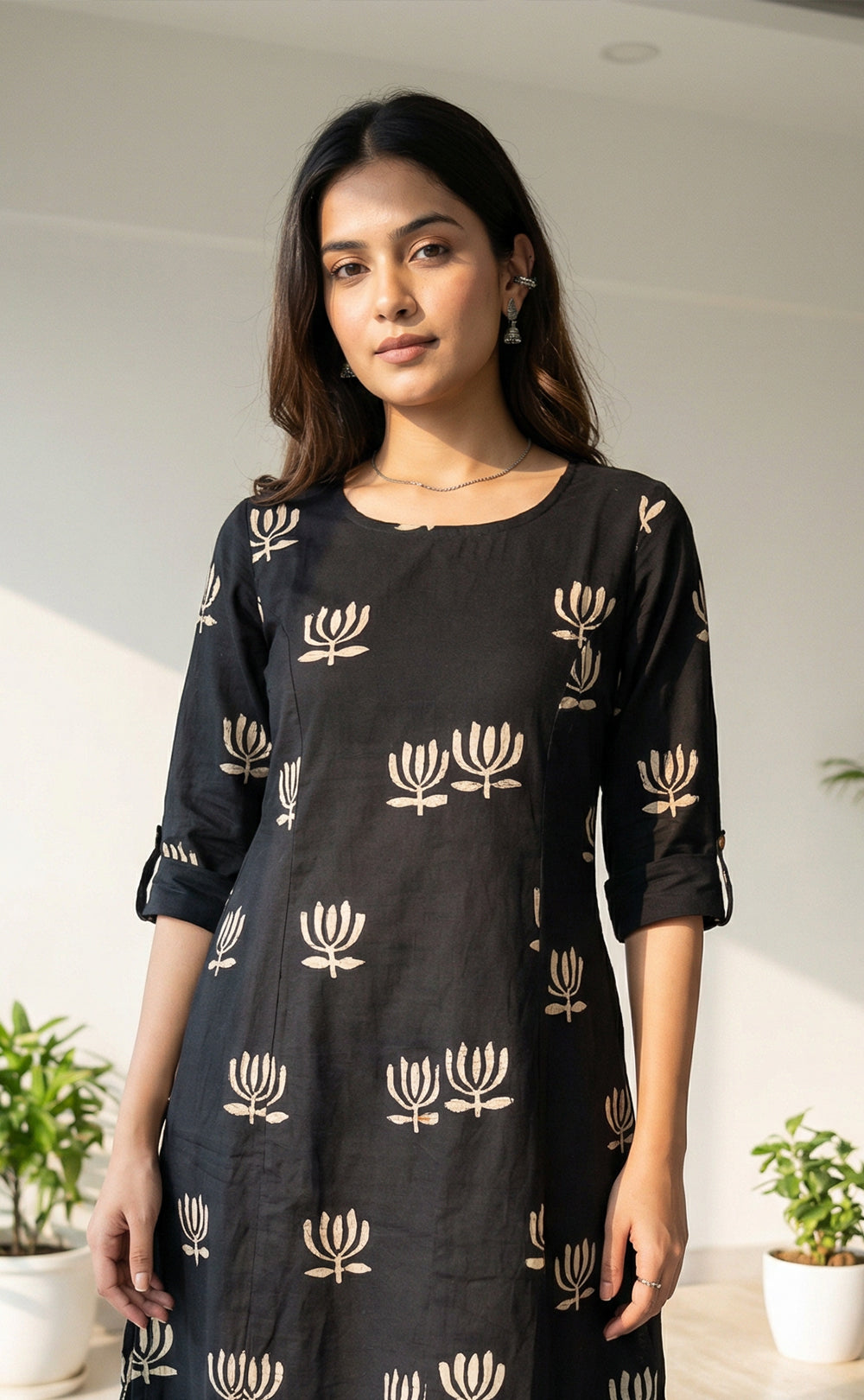 Black Cotton All-Over Floral Lotus Print Co-ord Set