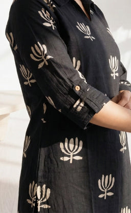 Black Cotton All-Over Floral Lotus Print Co-ord Set