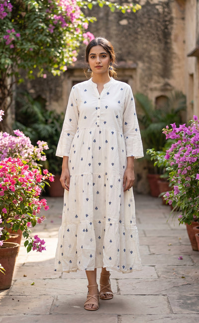 White Cotton Thread Buti Embroidery Flair Kurti