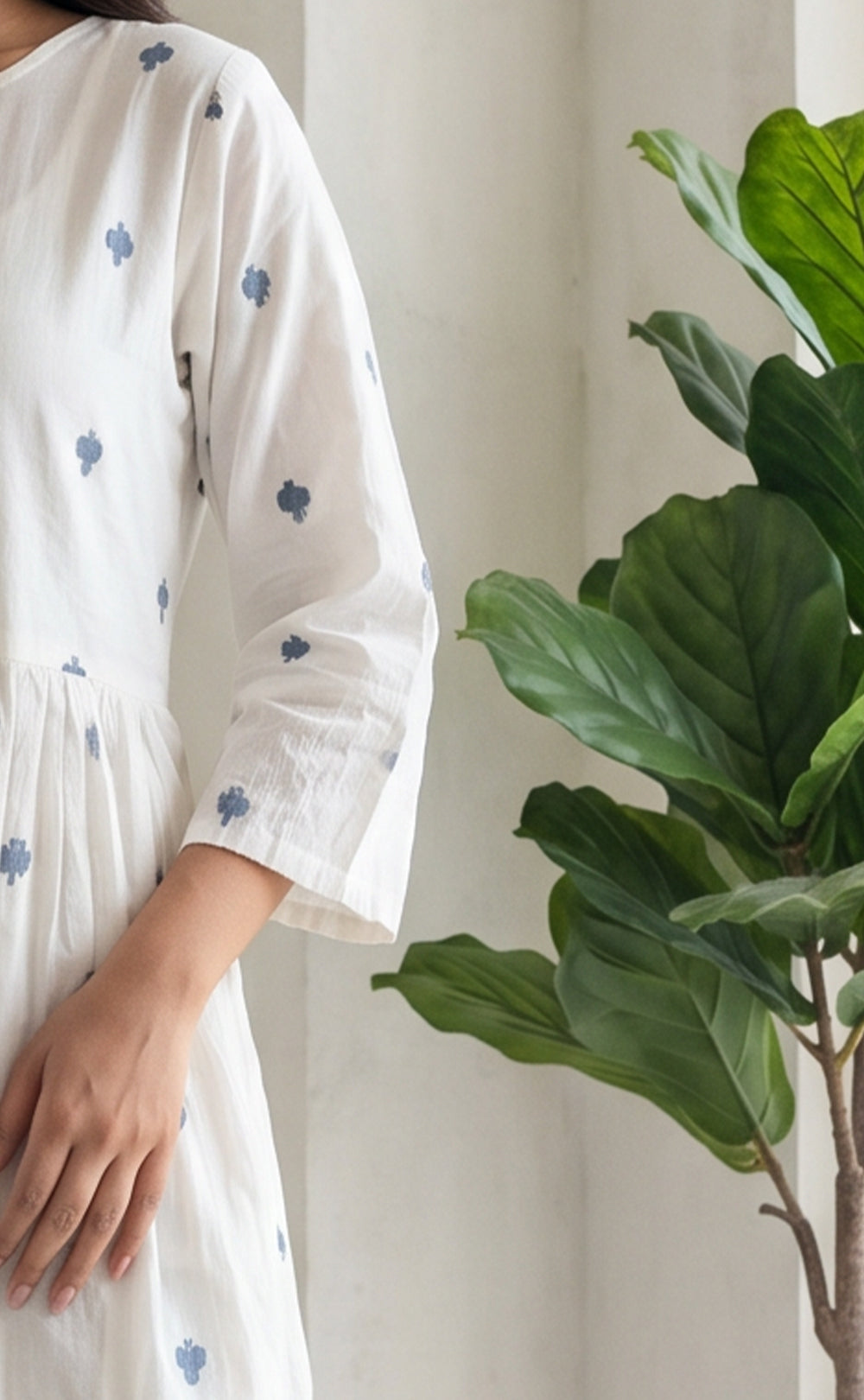 White Cotton Thread Buti Embroidery Flair Kurti