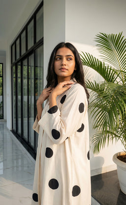 Half White Rayon All-over Bold Black Dots Print Front Buttons Straight Kurti