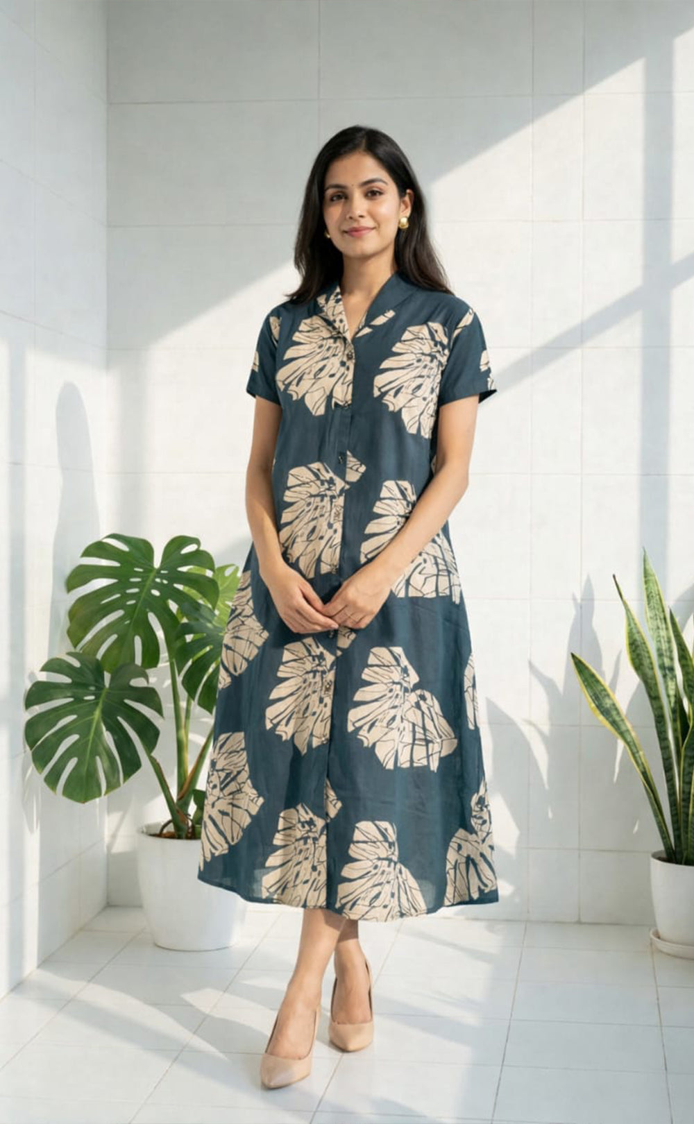 Indigo Blue Maslin Silk All-over Printed Flair Kurti