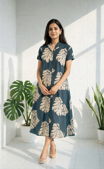 Indigo Blue Maslin Silk All-over Printed Flair Kurti
