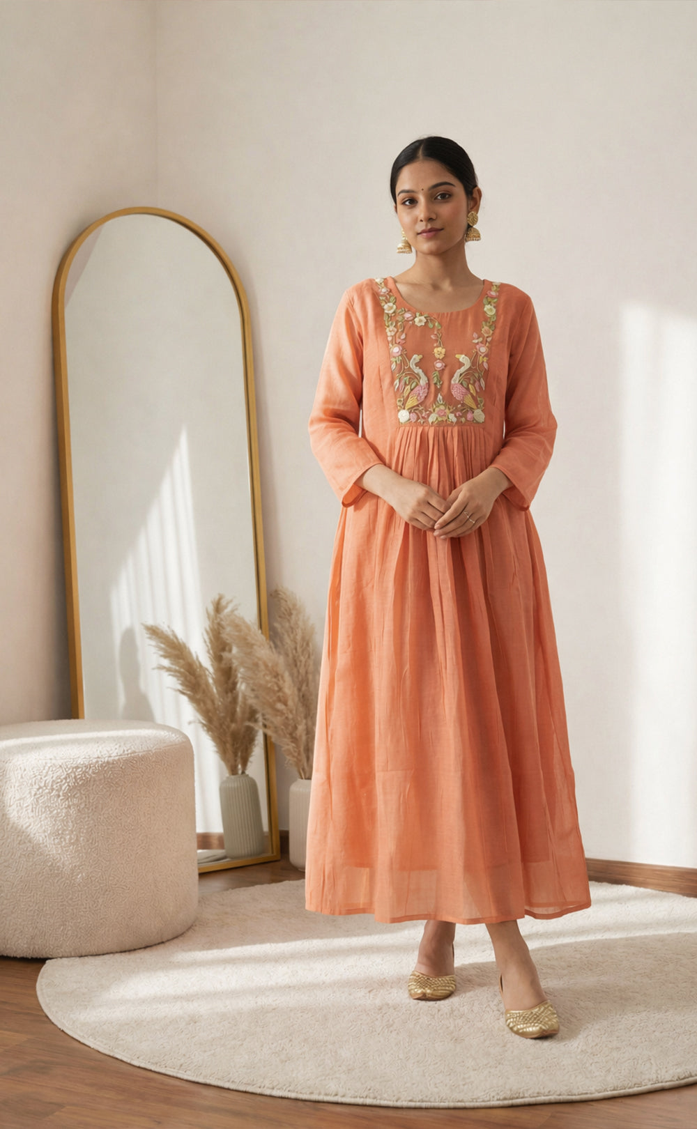 Peach Mal Chanderi thread work A-line Pleating work flair kurti