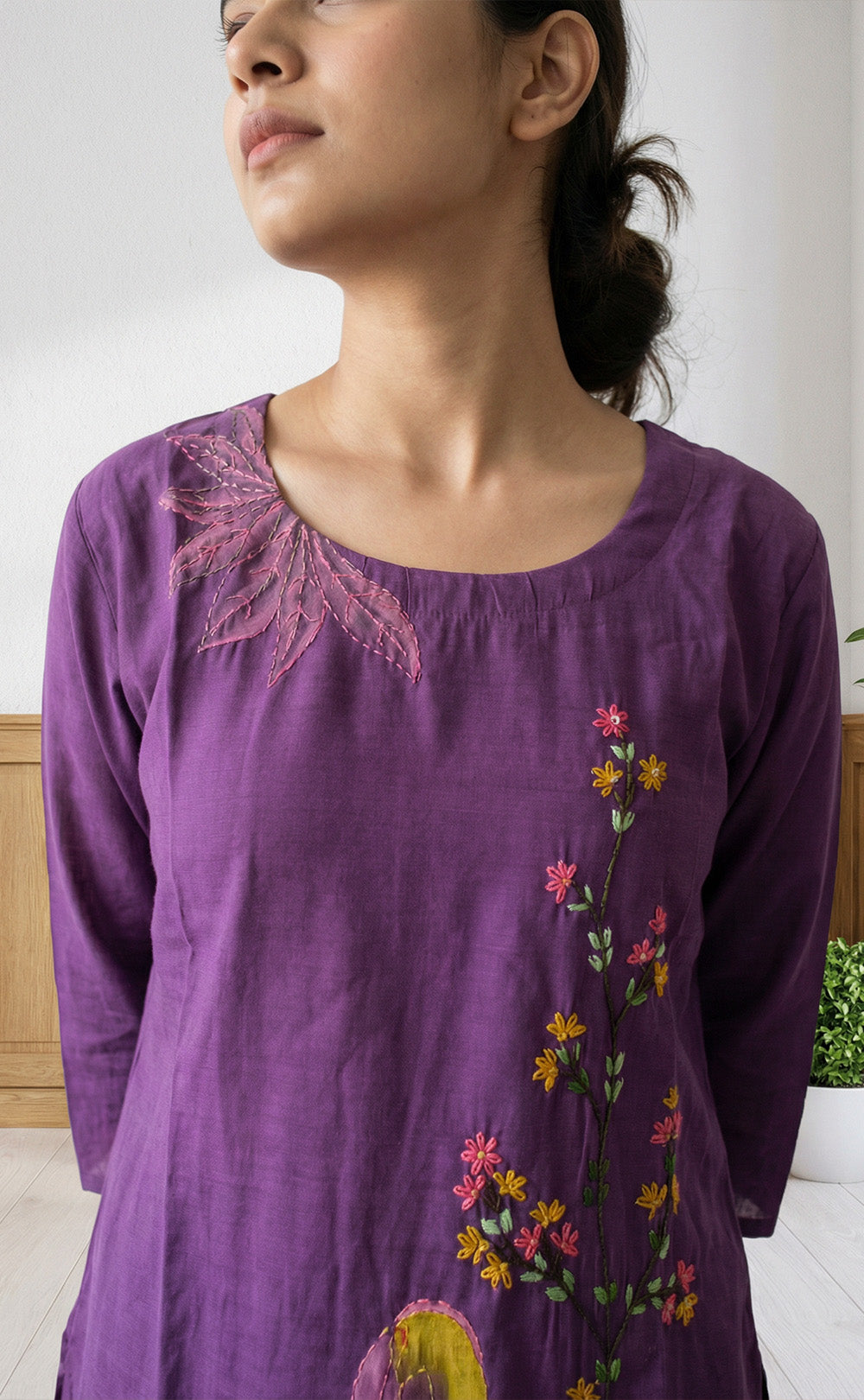 Purple Roman silk Brush paint with knot work and organza Dupatta