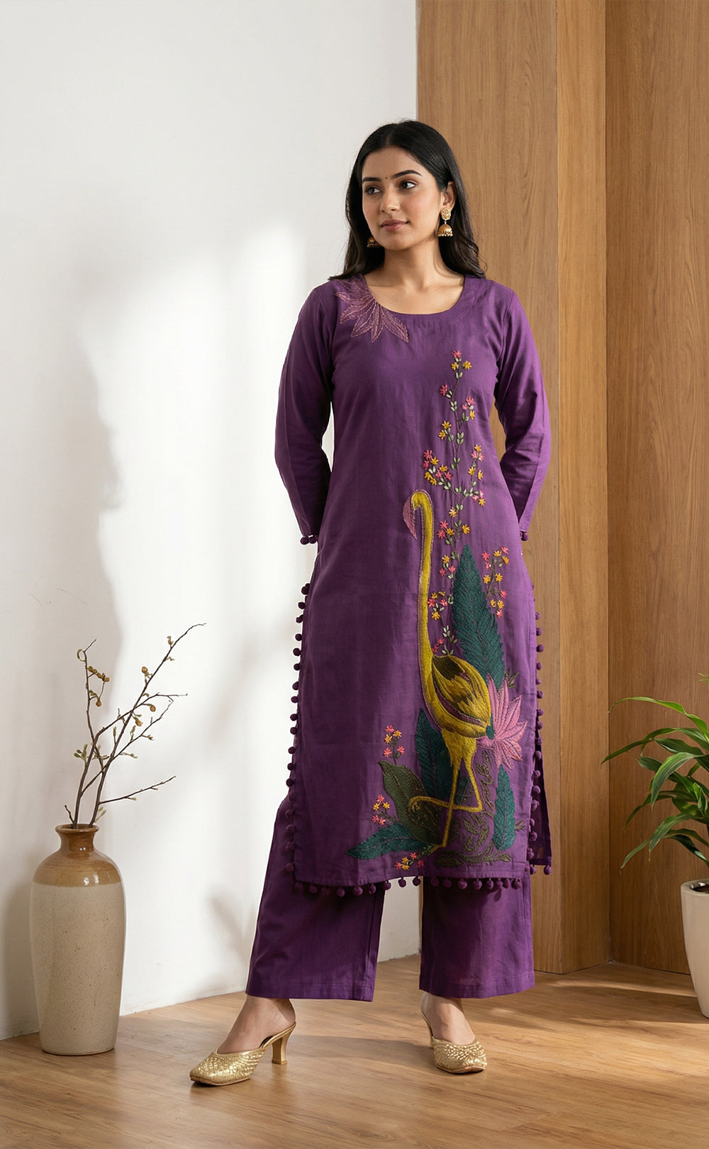 Purple Roman silk Brush paint with knot work and organza Dupatta