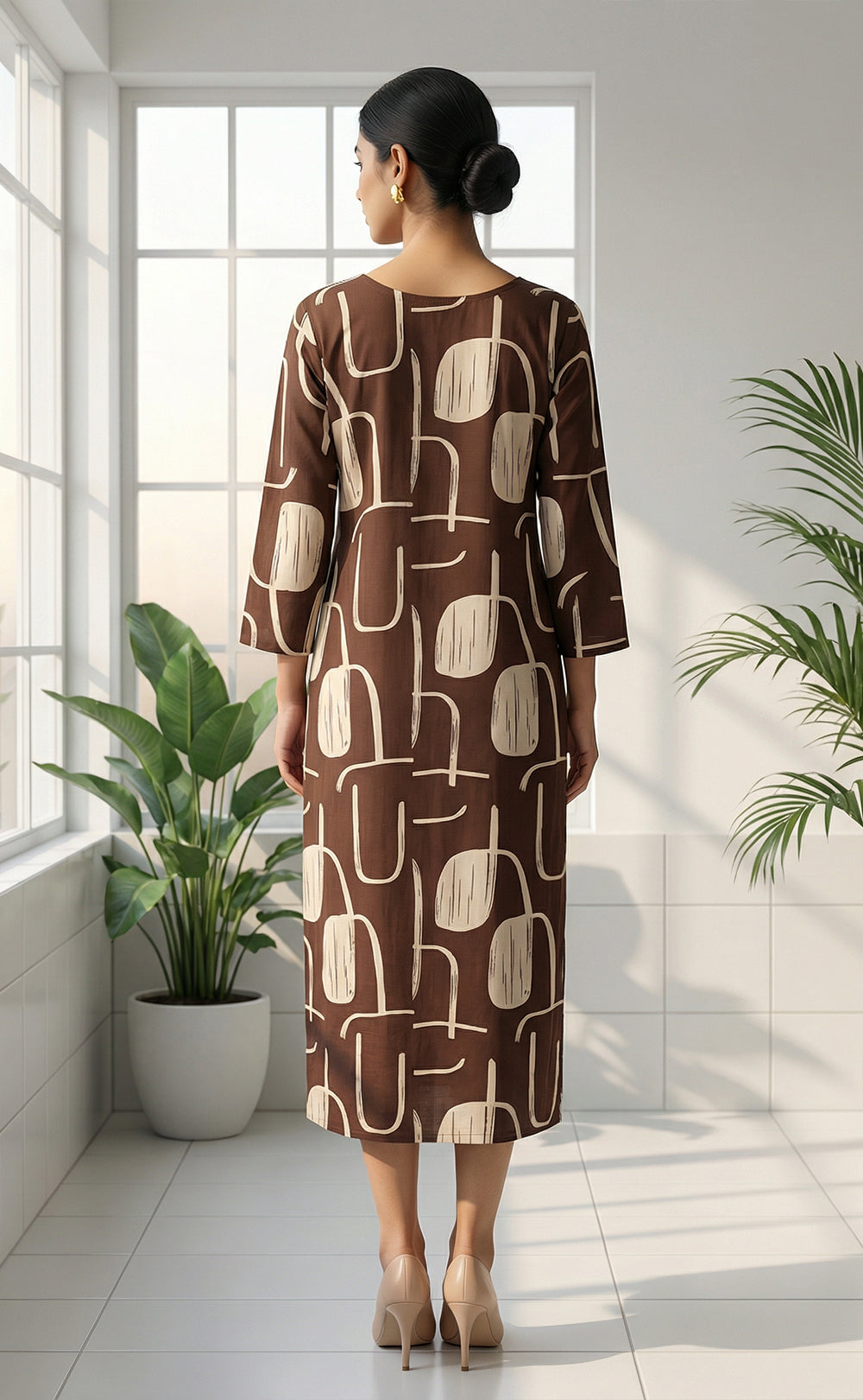 Rayon Dark Brown Cream Printed Straight Kurti