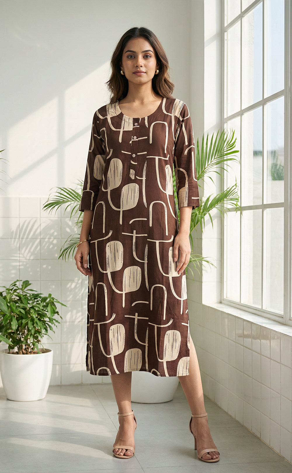 Rayon Dark Brown Cream Printed Straight Kurti